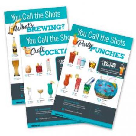 The “What’s Brewing?”, “Craft Cocktails”, and “Party Punches” posters clearly depict how much alcohol is in different drink types.